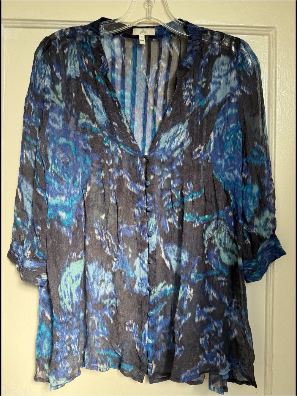 Joie Blue and Teal Abstract Button-Front Sheer Blouse 100% Silk